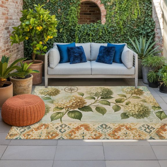 Outdoor Rug, Green White Hydrangea Blossom Indoor Area Rug Outdoor Carpet RV Camping Rugs 4x6ft Boho Style Pattern Outside Mat for Patio Picnic Porch Deck Balcony Backyard