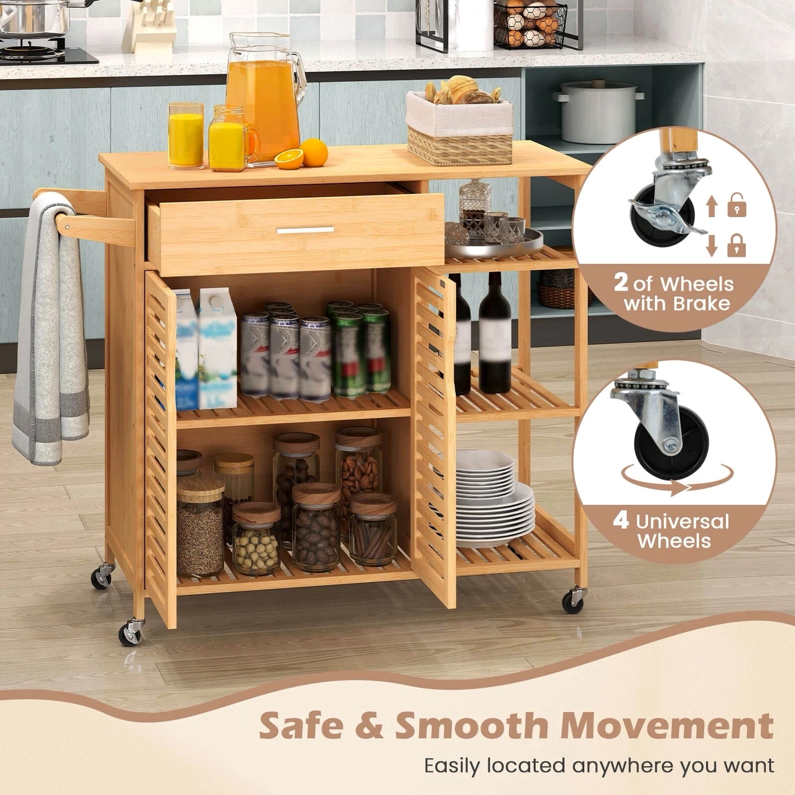 Harmijoy 35.5" Kitchen Island Cart, Bamboo Rolling Storage Sideboard w/ Lockable Wheels, Open Shelves, Towel Bar & 2-Door Cabinet
