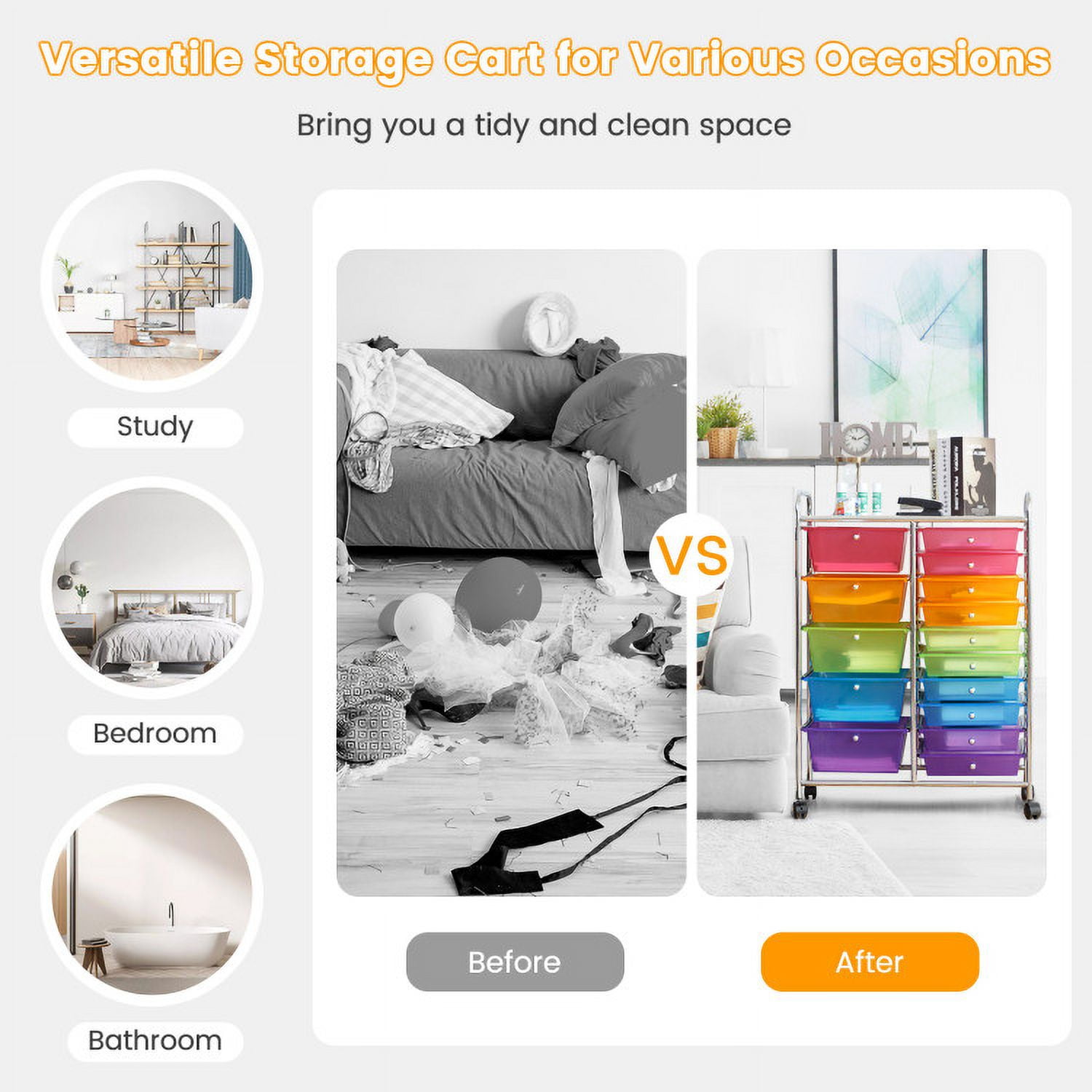 Demi Bonn 15-Drawer Utility Rolling Organizer Cart Multi-Use Storage with 4 Universal Casters, Transparent Multicolor