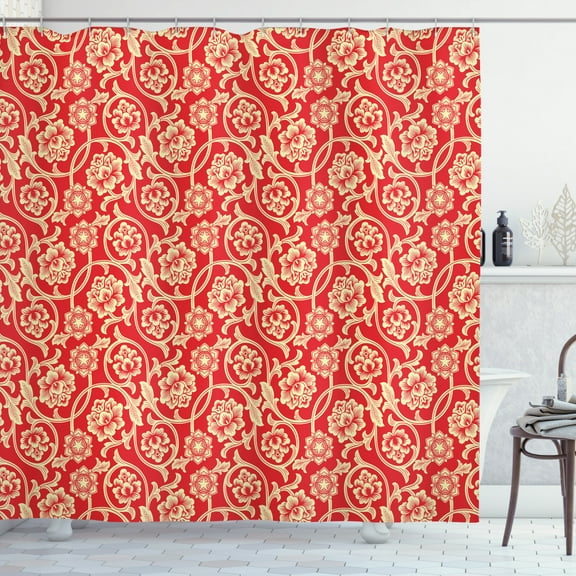 Ambesonne Valentine's Day Shower Curtain, Chinese Blossoms, 69"Wx70"L, Vermilion Beige