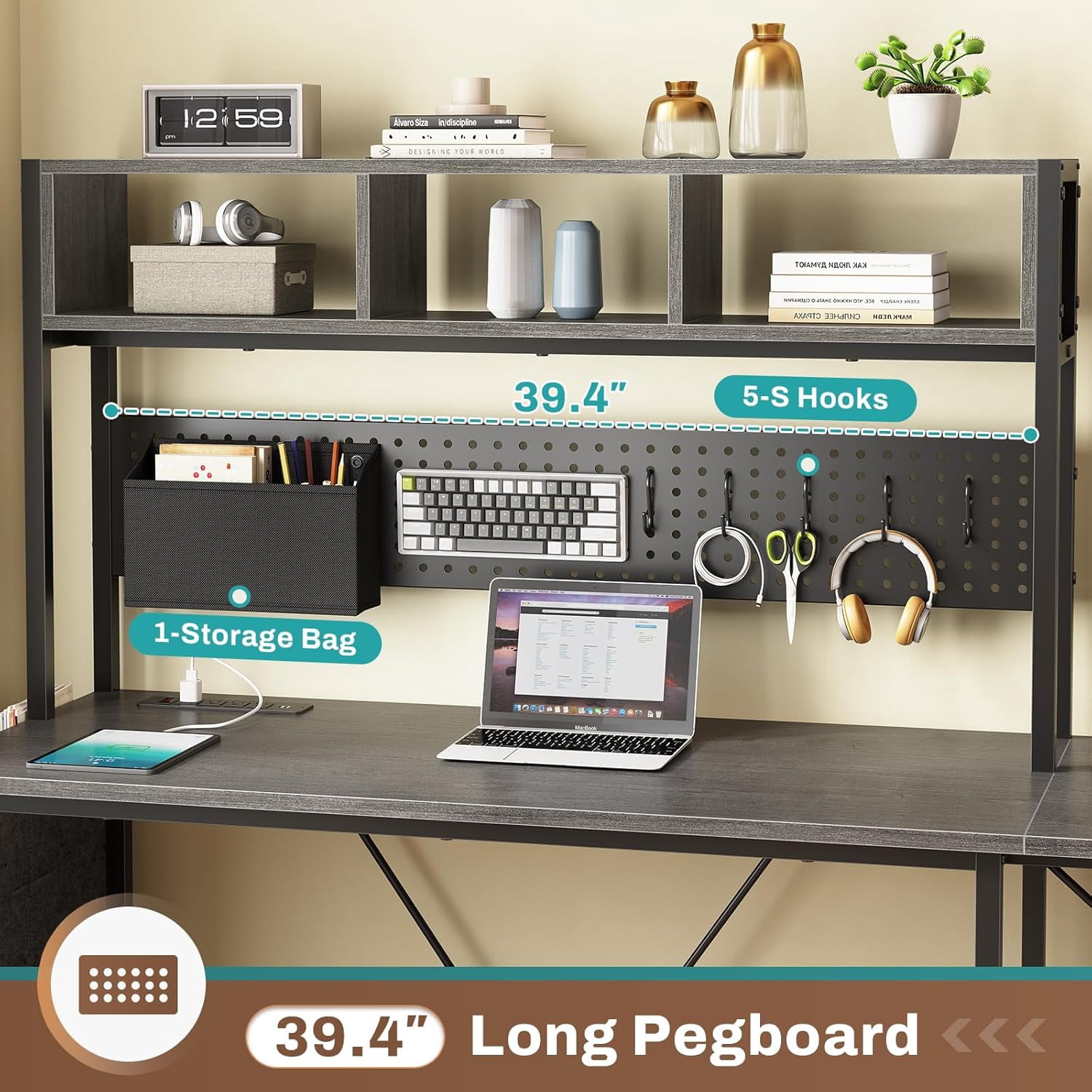 SEDETA L Shaped Gaming Desk with Hutch, 57.5” Reversible Home Office Desk with Power Outlet and Pegboard, Gaming Computer Desk with Keyboard Tray and LED Lights and Storage, Grey