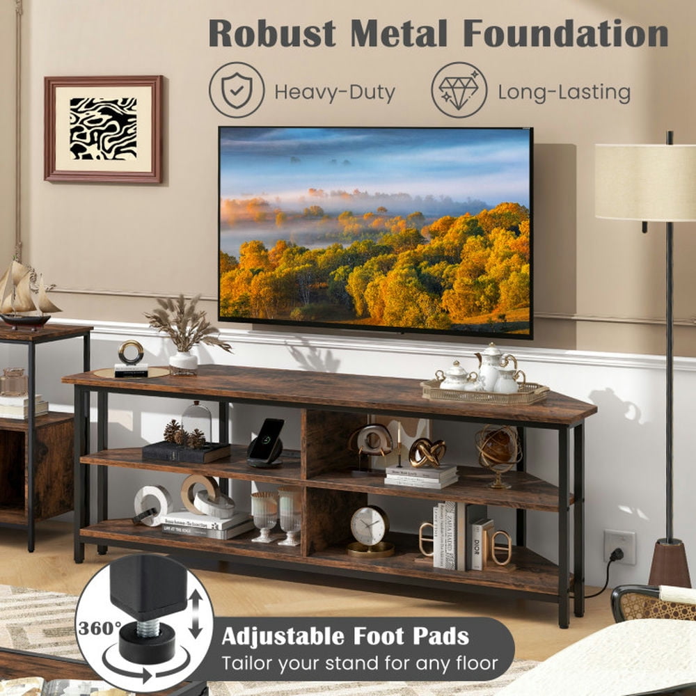 Finihen TV Stand, Entertainment Center, 3-Tier Corner TV Stand for TVs up to 65 Inches with Charging Station, for Living Room, Rustic Brown