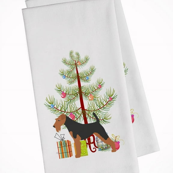 Airedale Terrier Merry Christmas Tree White Kitchen Towel Set of 2 Dish Towels