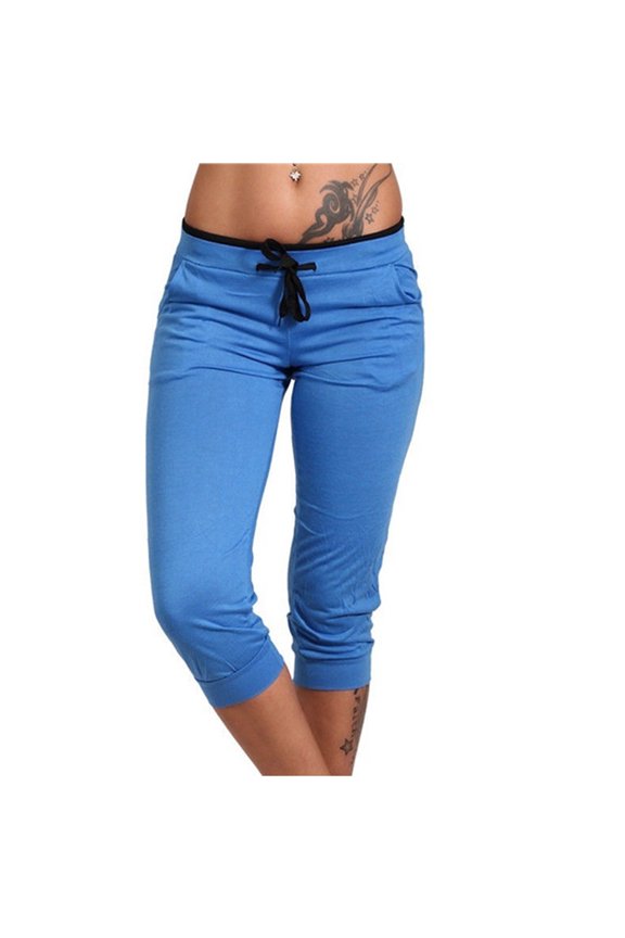 Women's 3/4 Length Leggings Pants High Elastics Waisted Yoga Pants Solid Color Drawstring Pants