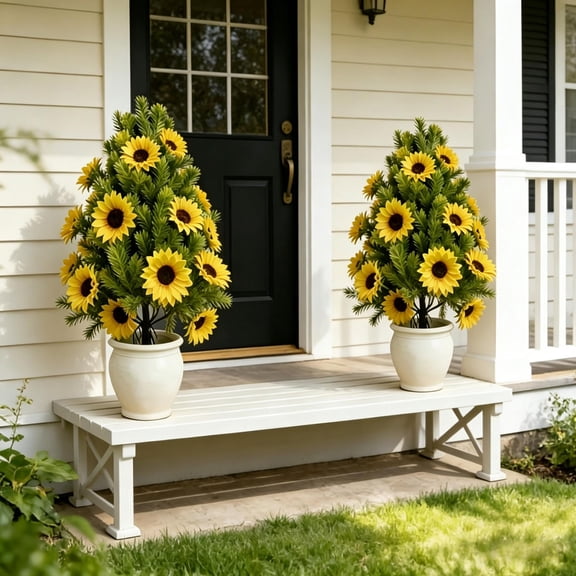 Dongrere Artificial Sunflower Bush with Ground Stake, UV Resistant Faux Plant for Outdoor Patio Porch and Scape Decor, 17.7 Inch