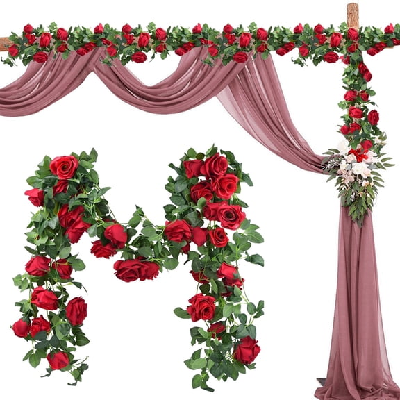 Artificial Rose Vine Garland for Wedding Decor, Red Hanging Flowers for Garden Wall, Diy Craft Floral Arrangements, Realistic Looking Silk Vine for Party and Home