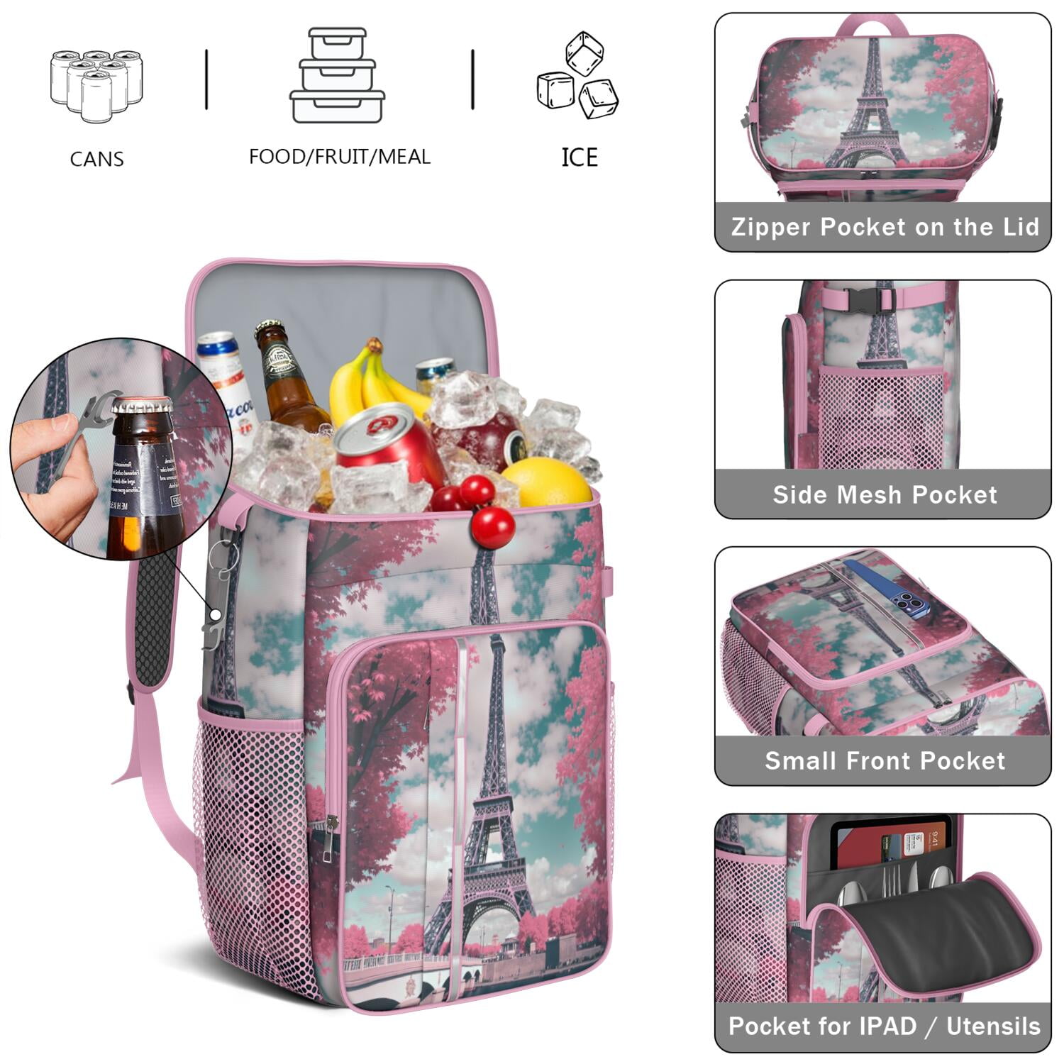 Cooler Backpack 26 Cans Paris Lightweight Insulated Backpack Cooler Leak Proof Travel Camping Lunch Backpack Office Lunch Storage for Outdoor Enthusiasts