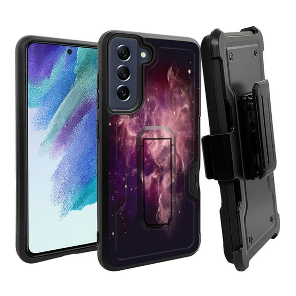 ANJ  Rugged Dual Layer Hybrid Holster Kickstand Case w/ Card Slot   Tempered Glass Cover for Samsung Galaxy S21 FE 5G - Galaxy Stars (Purple)