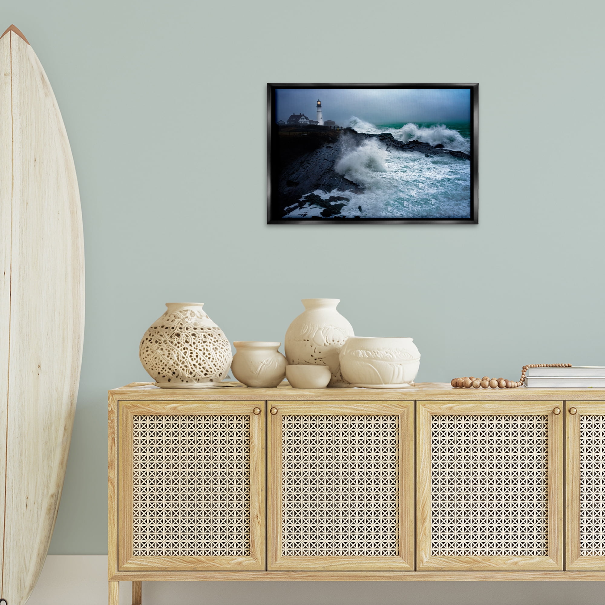 Stupell Industries Splashing Waters with Lighthouse Nautical & Beach Photography Black Floater Framed Canvas Art Print Wall Art, 25 x 17