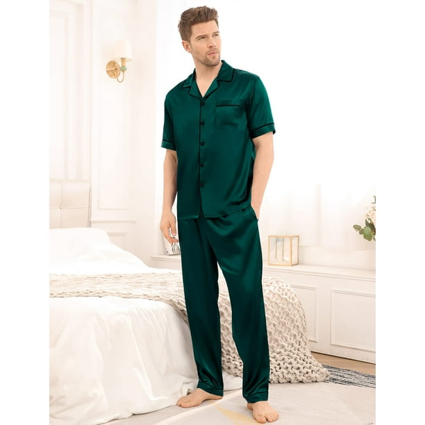 Pijama De Satén Clásico Para Hombre Manga Corta Con Botones Ropa De