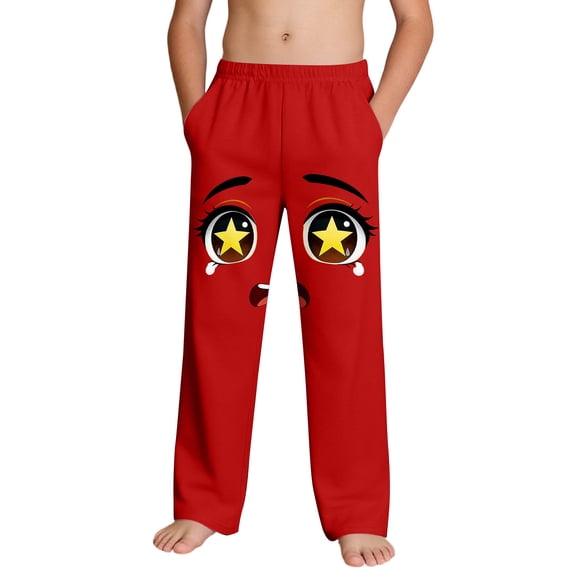 Red Boys Anime Face Print Sweatpants Kawaii Manga Soft Lounge Pants for Kids Casual Stretchy Bottoms with Pockets Elastic Waistband,Size 13 T
