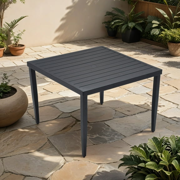 Noble House Loft 40" Square Aluminum Outdoor Dining Table, Umbrella Hole, Tapered Legs, for Patio, Garden, Ember Black