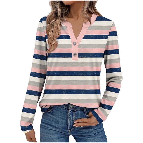 xaoyunyn Women's Fashion Striped Tops Casual Fall Long Sleeve V Neck Half Button Down T-Shirts