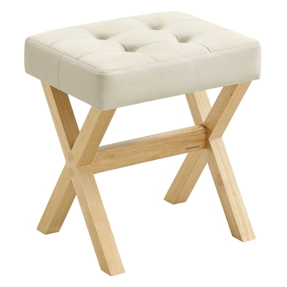 SONGMICS Makeup Stool, Padded Vanity Stool, Foot Rest, Solid Wood X Legs, for Bedroom, Closet, Entryway, Summer Sand and Natural Beige