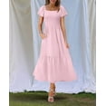 thumbnail image 3 of Women Summer Casual Square Neck Flutter Sleeve Boho Smocked A-Line Flowy Tiered Modest Midi Sun Dress with Pockets Pink M, 3 of 6