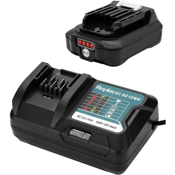 Batería y cargador battery 12V, compatible con Makita BL1015, BL1016, BL1021B, BL1041B, 12V 2000 mAh, para Makita DC10WD, DC10SB, DC10WC