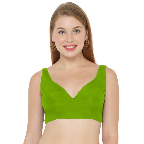 eloria Women's Art Silk Blouse Solid V Neck Sleeveless Top Sari Accessories Color: Green | Size: 34