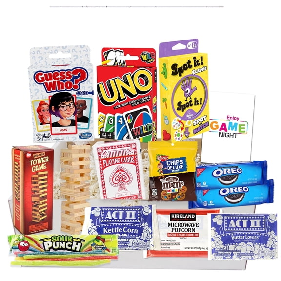 The Ultimate Game Night Gift Baskets for Family, Kids, Teens & Adults | Playing Cards & Snacks & Candy Gift Box for Teenage Birthday | Great Family Games & Movie Night or college,  by Beyond the box