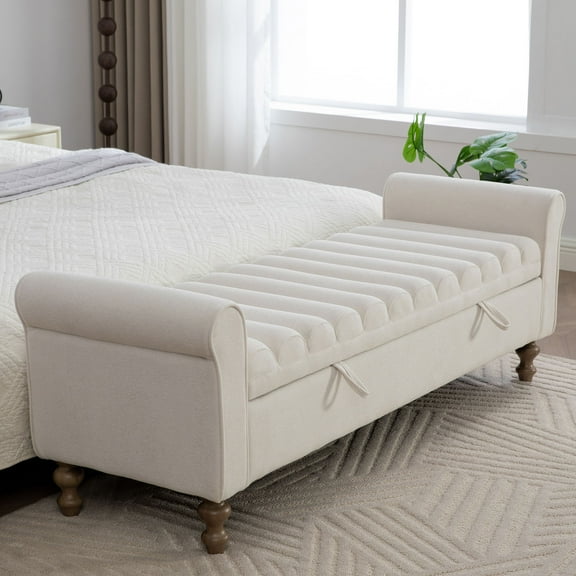 CQSXDA Modern Upholstered Storage Bench In Napped Fabric, 65.55 Inch Wide Bed End Furniture With Rolled Armrest And Rubberwood Legs, Beige