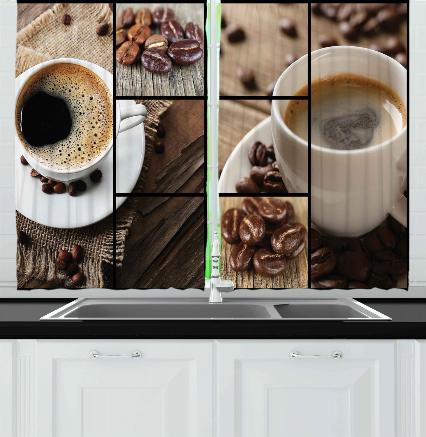 KFUTMD Roman Shades Kitchen Collage of Different Coffee Details on Wooden Table Mugs Beans Organic Concept Brown Black Tan Tie Up Curtains for Windows 23x64 Inch