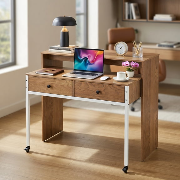 Resenkos Extendable Computer Desk with Pull Out Secondary Desk-Natural, Home Office Desks, Gaming Computer Desks for Study,Working,Writing