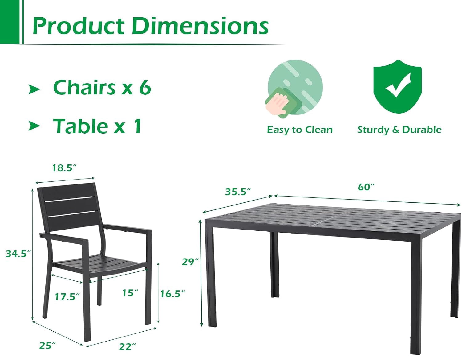 AECOJOY 7 Piece Outdoor Dining Set Patio Furniture Set On Sale Wood Grain Outdoor Table and Chairs on Clearance in Black