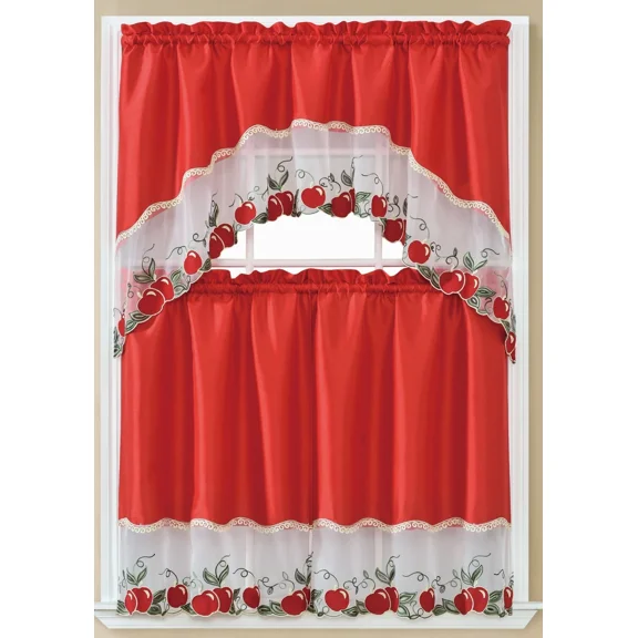 Sally Textile Inc Red Embroidered Sheer Kitchen Curtains, 60 x 36 In (2 Panels)