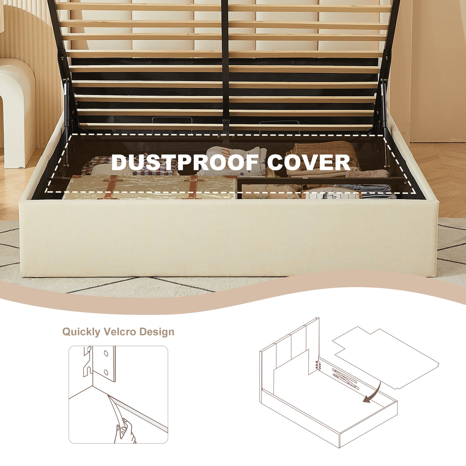 VELOCAVA Queen Upholstered Lift-up Storage Bed with Vertical Channel Wingback Headboard, Beige