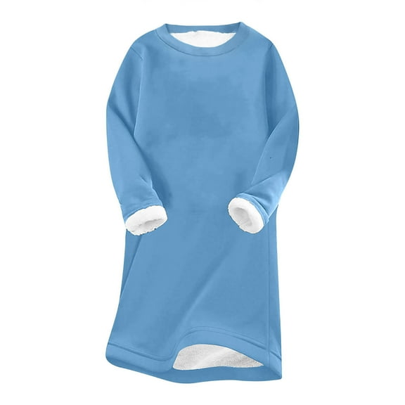 Bcresic Plush Warm Sweatshirt for Womens Sherpa Lined Crewneck Sweatshirts Fleece Pullover Tops Solid Color Basic Thick Jumper Shirts Long Sleeve Winter Loungewear Tunic Sweater Top,Blue,XX-Large