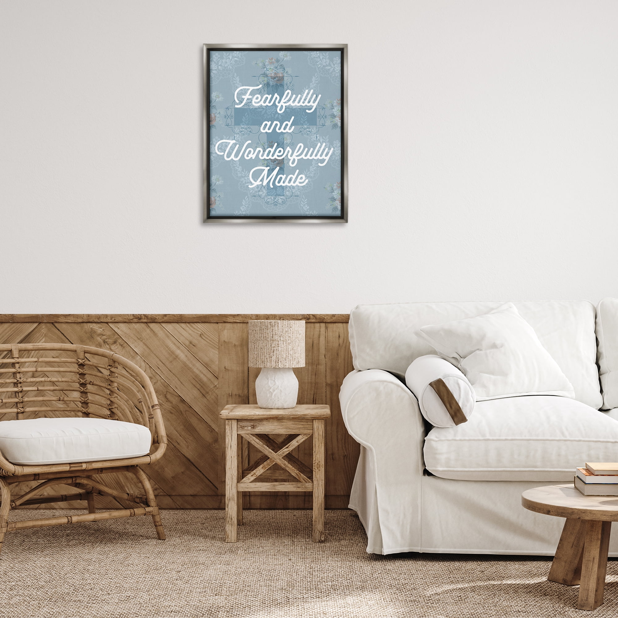 Stupell Industries Wonderfully Made Floral Cross Religious & Spiritual Painting Gray Floater Framed Canvas Art Print Wall Art, 25 x 31