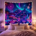 thumbnail image 2 of Neon Mountain Resort under Aurora and Fireworks, Dreamy Fantasy for Travel Lovers, Celebration Landscape Art, New Home Gift, Tapestry Wall Hanging for Living Room and Studio, 2 of 7