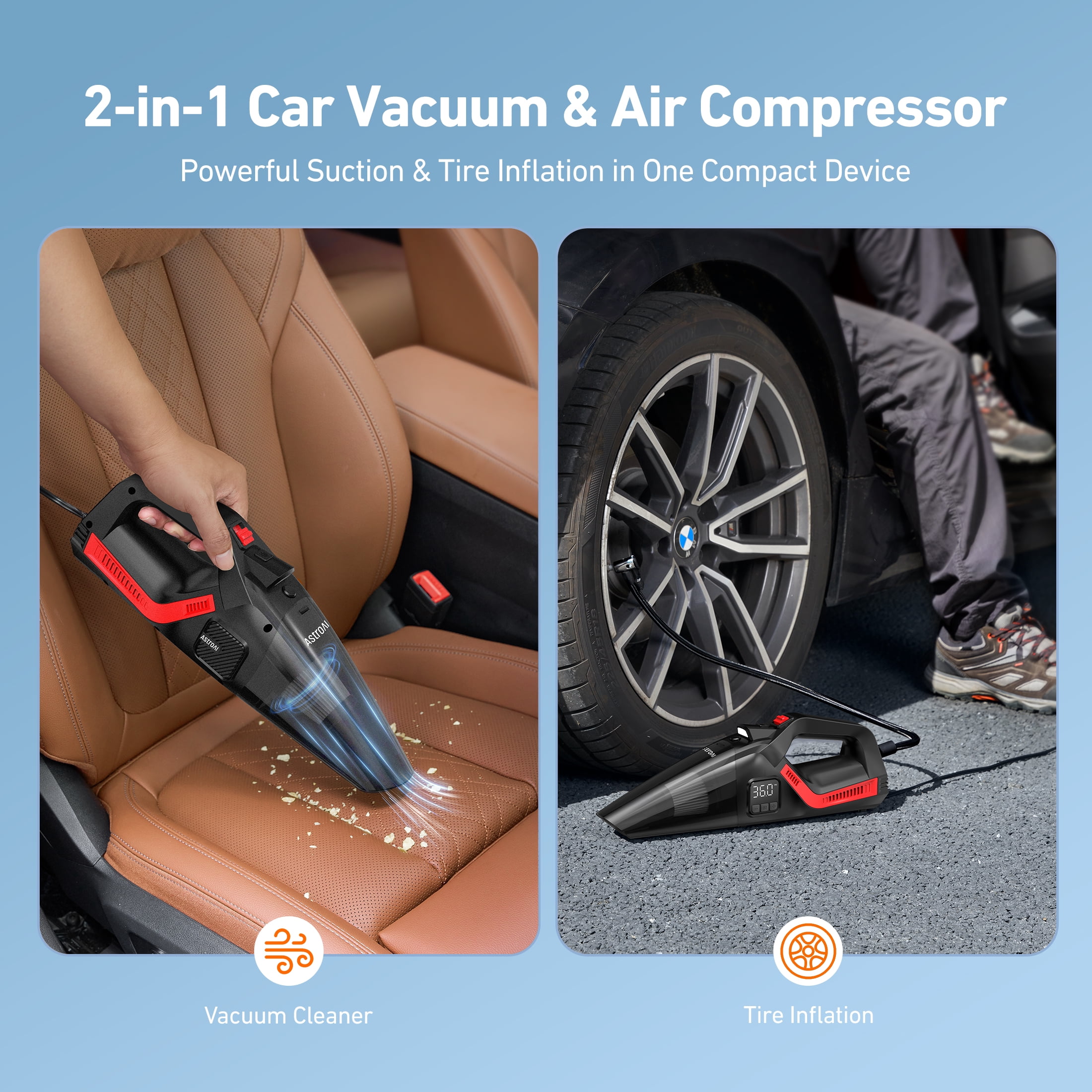 AstroAI 2-in-1 Car Vacuum Cleaner Tire Inflator, Multifunction Handheld Vacuum Air Compressor 12V DC, with Digital Display LED Light, Multi Attachments for Car Interior Detailing & Air Pump
