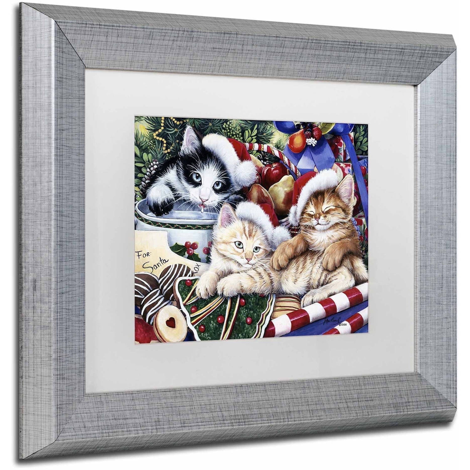 Trademark Fine Art 'Meowy Christmas 2' Canvas Art by Jenny Newland, White Matte, Silver Frame