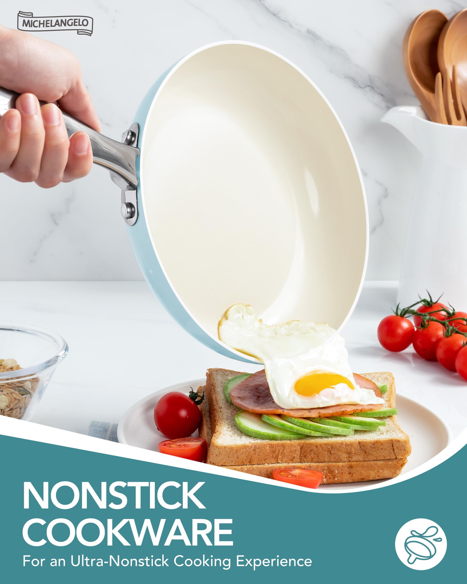 MICHELANGELO Pots and Pans Set Non Stick - Ceramic Cookware Set, 8-Pcs Nonstick Pots and Pans with Ergonomic Handle, Dishwasher Safe & Induction Compatible, Blue