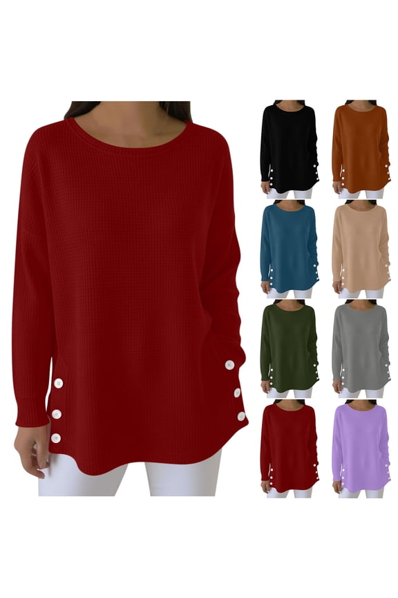Women's Round Neck Side Button Knit Sweater Long Sleeve Relaxed Fit Tunic Top Solid Color Casual Pullover Blouse for Fall Winter Daily Wear