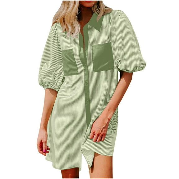 Women's Dress Summer Casual V Neck Short Sleeve Button Striped Tunic Dresses With Pockets Olive Green