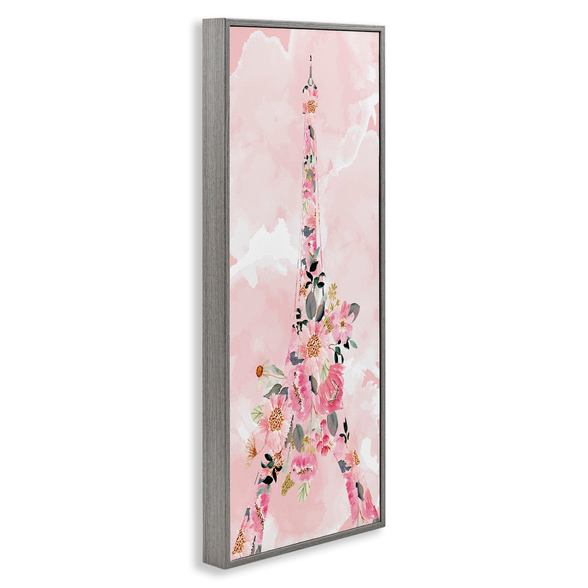 Stupell Industries Floral Pattern Eiffel Tower Pink Cloudy Sky Botanical & Floral Painting Gray Framed Art Print Wall Art, 13 x 30