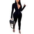 thumbnail image 1 of Women Solid Color One Piece Jumpsuit, Zipper Front Long Sleeve Fitness Rompers Playsuits, 1 of 6