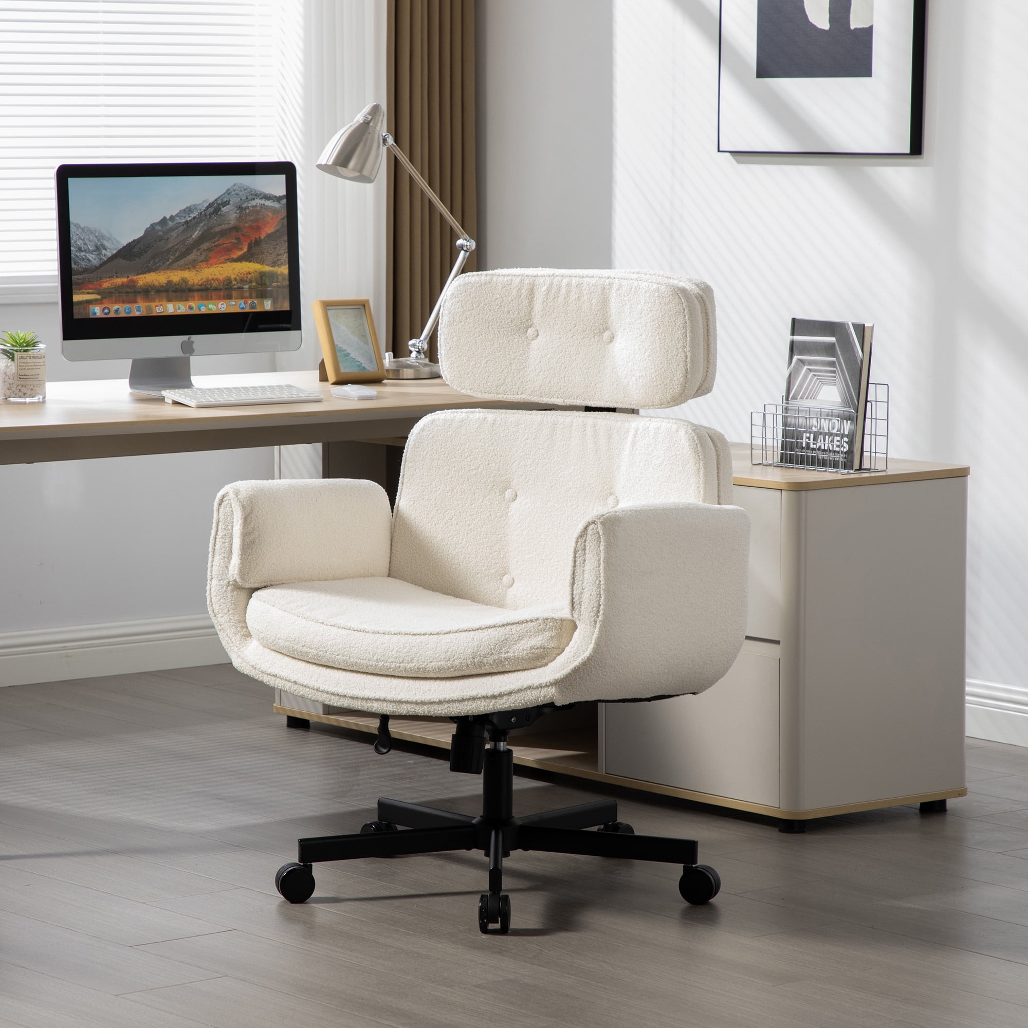 Cross Chair with Adjustable Armrests & Wheels & Headrest, Lounge Vanity Desk Chair with Wide Seat for Cross-Legged Sitting, Swivel Task Office Chairs for Home, Makeup, Gaming, Office, Ivory