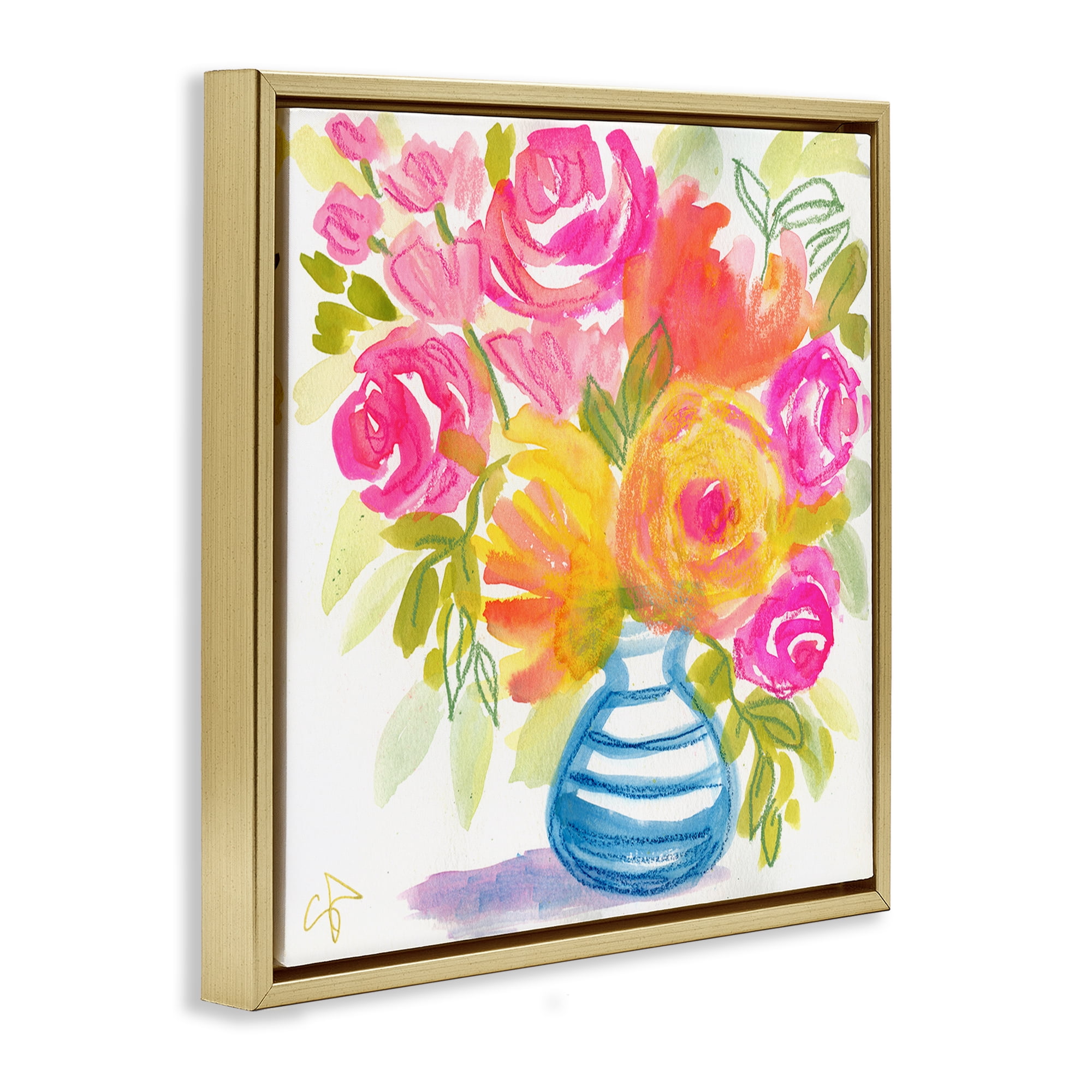Stupell Industries Pink & Yellow Bouquet Plants & Flowers Painting Gold Floater Framed Canvas Art Print Wall Art, 25 x 25