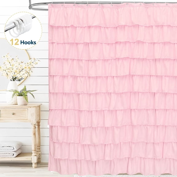 Dznils Pink Ruffle Shower Curtain with Hooks, Farmhouse Fabric Bathroom Curtain, 72" x 72"