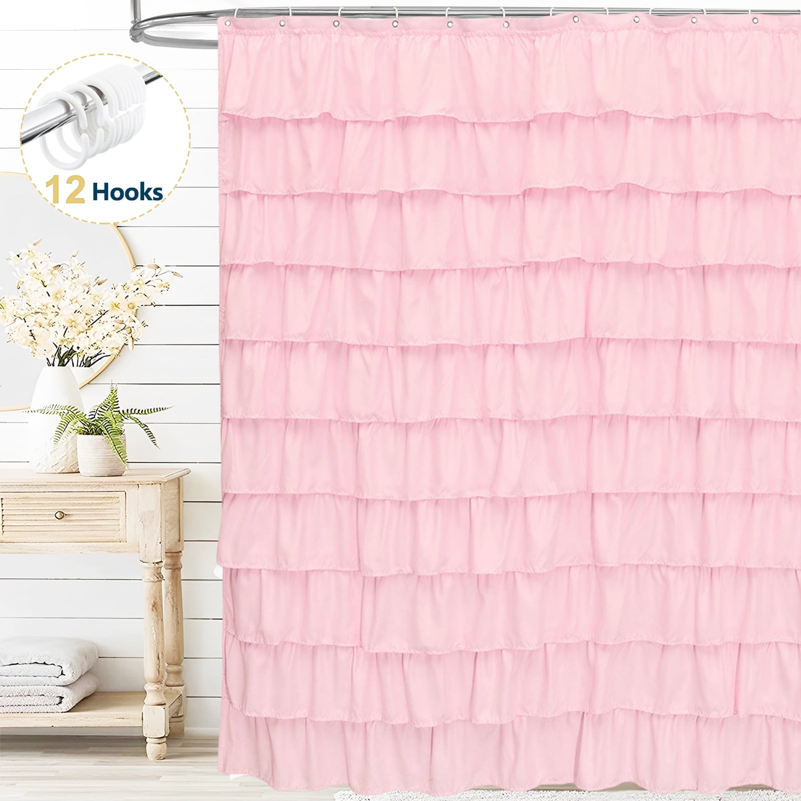 Dznils Pink Ruffle Shower Curtain with Hooks, Farmhouse Fabric Bathroom Curtain, 72" x 72"