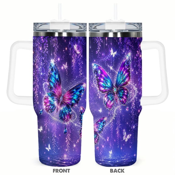 40oz Neon Purple Blue Crystal Butterfly Fantasy Magical Glow Fairy Insulated Tumbler with Handle and Straw Travel Cup Car Cup