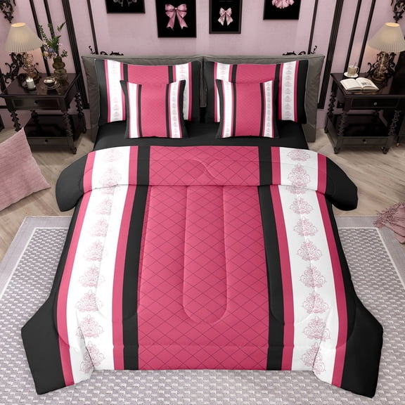 jejeloiu Vintage Damask Flowers 7-Piece Twin Bedding Sets,Abstract Geometric Thombus Bedding Comforter Set,Pink Black Striped Sheet Sets For Kids,Breathable Home Decor Reversible