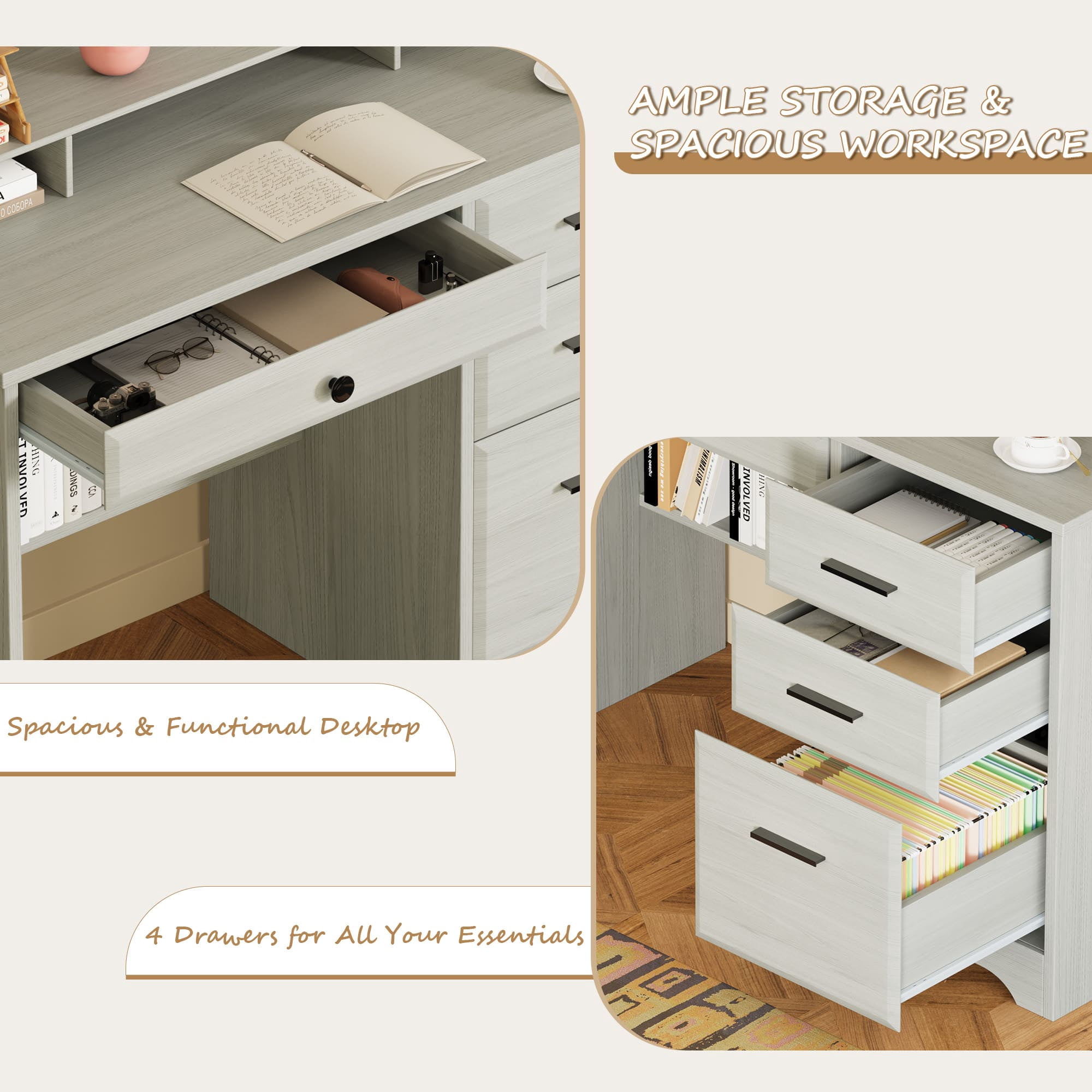 4 EVER WINNER Small Wood Desk with Drawers, File Cabinet & Monitor Stand, Home Office Computer Writing Desk for Bedroom, Off White