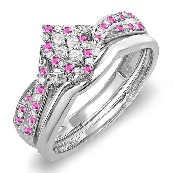 Dazzlingrock Collection Sterling Silver Pink Sapphire & White Diamond Marquise Shape Ring Set, Size 8