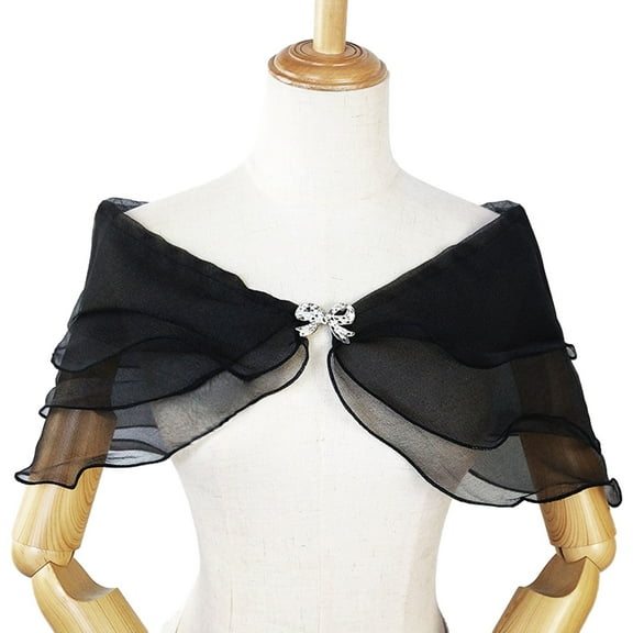 Waroomhouse Bow Buckle Shawl Bridal Shawl See-through Mesh Bow Buckle V Neck Three-layered Romantic Soft Lightweight Lady Wedding Party Prom Shawl