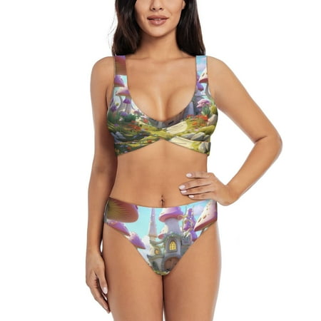 Zeuib Dreamy Mushroom House High Waisted Tummy Control Bikini Set - Knot Front Push Up Top & Cheeky Thong Bottom  Two-Piece Swimsuit for Women-Medium