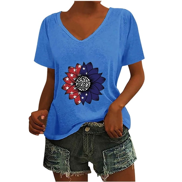 Camisetas Casuales de las Mujeres Gradiente Día de la Independencia Impreso Cuello Redondo, Blusa de Manga Corta para Diario, Fiesta Y Primavera Verano