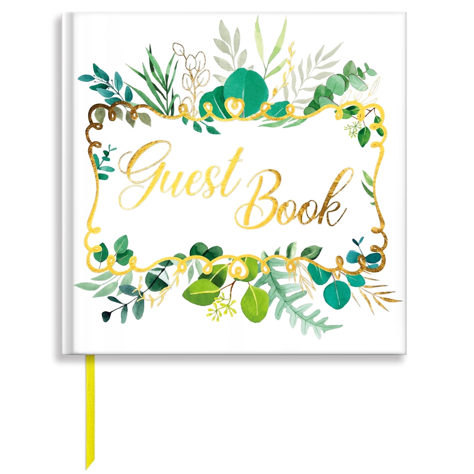 Kingwora Guest Book Wedding Guest Book 96 Pages Sign-in Registry Log Guestbook Greenery and Gold Foil Hardbound Cover (8” x 8”)